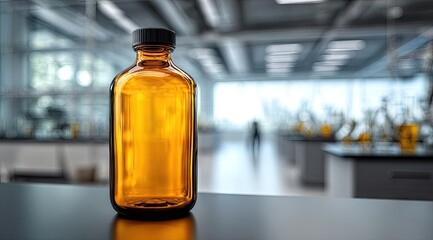 Amber glass bottle sits on a dark surface in a blurred lab setting;  the bottle is empty, reflecting light, and the lab is modern with lab equipment visible in the background