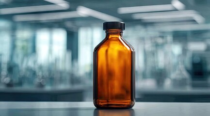 Amber glass bottle sits on a lab counter, blurred lab equipment in the background