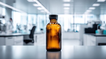 Amber glass bottle sits on a lab bench in a modern, blurred laboratory background