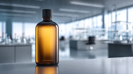 Amber glass bottle sits on a lab counter, reflecting light; a blurred lab background shows scientific equipment and large windows