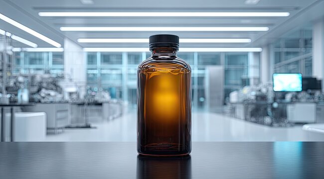 Amber glass bottle sits on a lab bench in a modern, sterile laboratory setting, softly lit with a glowing amber liquid inside