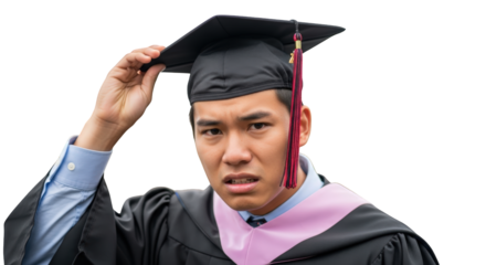 Confused Graduate Adjusting Cap with Questioning Expression graduation gown tassel education achievement uncertainty doubt student academic ceremony commencement future career
