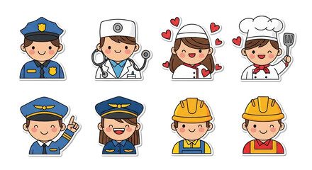 Cute Cartoon Professionals Collection Diverse Occupations character profession occupation job career police officer law enforcement doctor medical health care physician