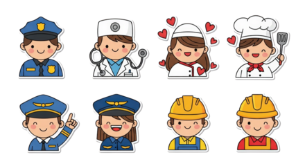 Cute Cartoon Professionals Collection Diverse Occupations character profession occupation job career police officer law enforcement doctor medical health care physician
