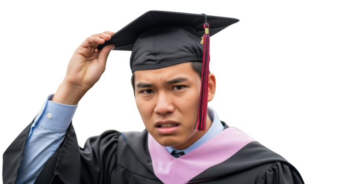 Confused Graduate Adjusting Cap with Questioning Expression graduation gown tassel education achievement uncertainty doubt student academic ceremony commencement future career