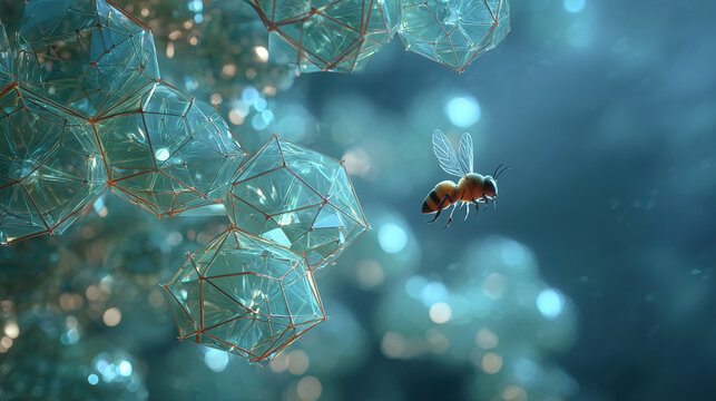 A delicate bumblebee hovering over glowing geometric honeycomb structures with a medicinal aura.