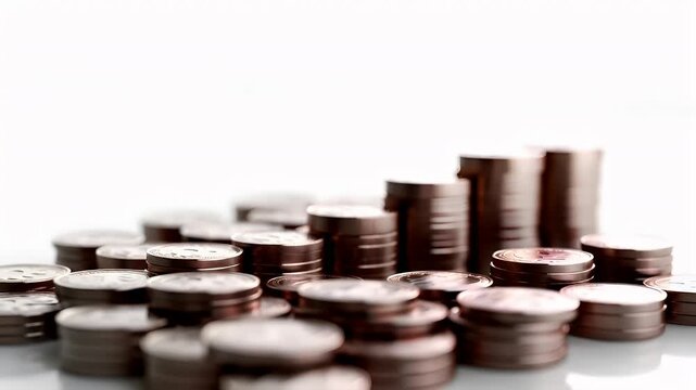 A closeup shot of a stack of coins with a red upward arrow symbolizing growth or decrease. The coins are metallic and appear to be of varying sizes, with the red arrow pointing upwards.