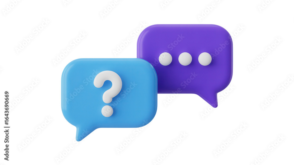 Poster modern 3d speech bubbles with question mark and ellipsis symbols, perfect for tech support, faq page