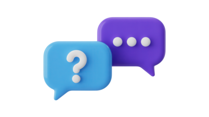 Modern 3D speech bubbles with question mark and ellipsis symbols, perfect for tech support, FAQ pages, or customer service websites needing a clean, minimalist design