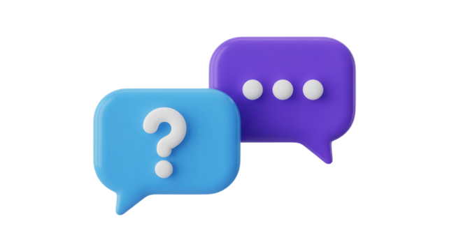 Modern 3D speech bubbles with question mark and ellipsis symbols, perfect for tech support, FAQ pages, or customer service websites needing a clean, minimalist design