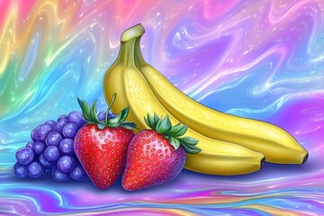 Vibrant digital painting of two strawberries, a bunch of grapes, and three bananas arranged on a shimmering, iridescent background.