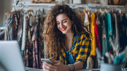 Young female fashion designer working at desk, holding smartphone and smiling at laptop, clothing rack with colorful garments in background, modern creative studio, soft natural lighting, realistic ph