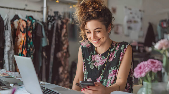 Young female fashion designer working at desk, holding smartphone and smiling at laptop, clothing rack with colorful garments in background, modern creative studio, soft natural lighting, realistic ph