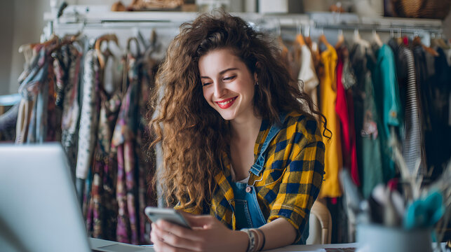 Young female fashion designer working at desk, holding smartphone and smiling at laptop, clothing rack with colorful garments in background, modern creative studio, soft natural lighting, realistic ph