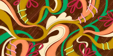 Abstract colorful hand-drawn background. Artistic organic shapes with curved lines and crayon texture for poster, banner, packaging design, or creative background.