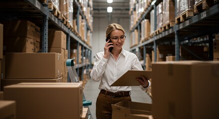 Smiling Woman in Glasses Talking on Phone in Warehouse Holding a Clipboard, Surrounded by Boxes and Shelves