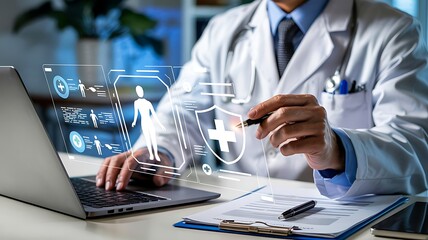 Doctor using advanced technology to analyze patient data and medical scans on a futuristic holographic interface