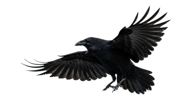 Majestic common raven flying mid-air with powerful spread wings and extended talons, showcasing glossy black feathers on a minimalist light grey gradient, decisive action concept.