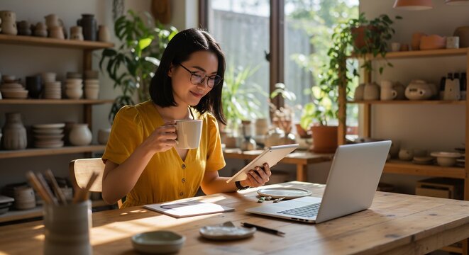 Smiling Woman in Yellow Dress Working on Tablet and Laptop, Drinking Coffee in Pottery Studio with Plants, Remote Work, Freelance, Home Office Concept