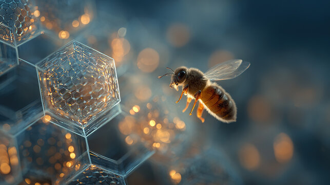 A delicate bumblebee hovering over glowing geometric honeycomb structures with a medicinal aura.
