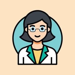 Illustration of a smiling female doctor wearing glasses and a lab coat
