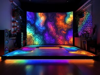 3D visualizer stage with colorful audio sync patterns and VR setup