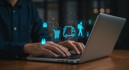 Business professional using laptop with glowing e-commerce delivery service icons, showing the concept of online shopping, logistics, and technology