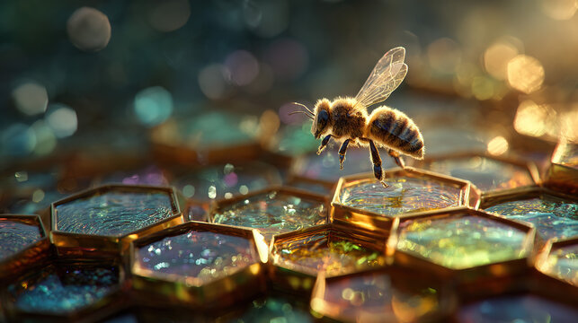 A delicate bumblebee hovering over glowing geometric honeycomb structures with a medicinal aura.