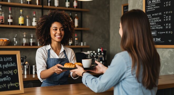 Smiling African American Female Barista Serving Coffee and Croissants to a Customer at a Cafe, Food and Beverage Service, Hospitality Industry - Powered by Adobe
