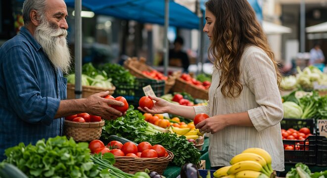 Farmer handing tomatoes to a customer at a farmer's market, fresh produce shopping, outdoor market scene - Powered by Adobe