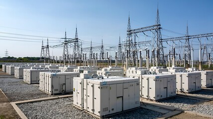 Modern electrical substation featuring numerous white battery storage containers and complex high voltage power lines against a clear blue sky