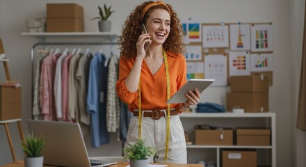 Cheerful Female Fashion Designer Working in Studio, Talking on Smartphone, Using Tablet, Smiling, surrounded by Clothing, Designs, Laptop, and Supplies