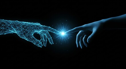 Technological connection highlighted by two hands, one appearing human, the other digital, poised to touch and create light.
