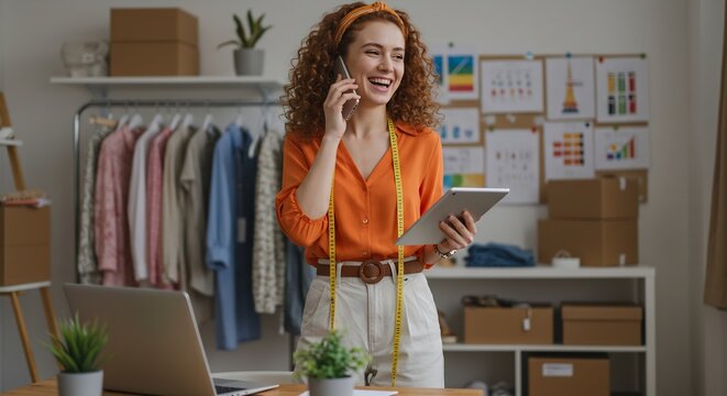 Cheerful Female Fashion Designer Working in Studio, Talking on Smartphone, Using Tablet, Smiling, surrounded by Clothing, Designs, Laptop, and Supplies
