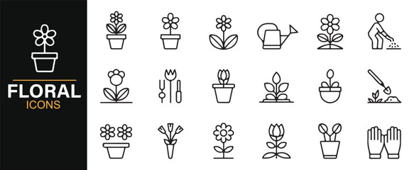 Simple Line Icons for Gardening Tools, Potted Flowers, and Plant Care