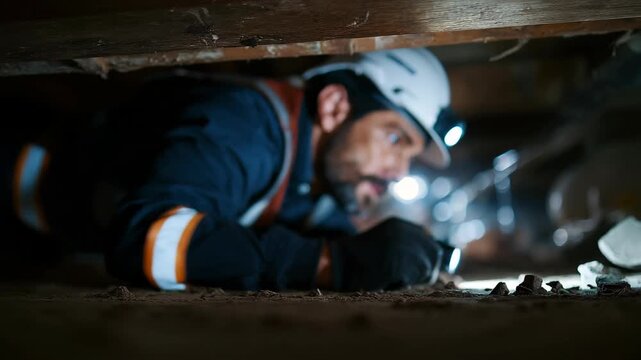 Inspector in safety gear examines the crawl space. He is using a flashlight to inspect for problems under the house.