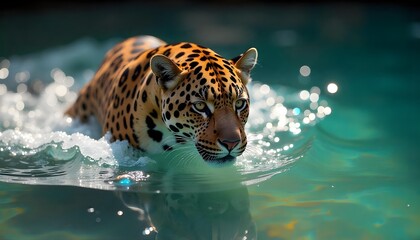 Close up of a leopard, A jaguar slips into water, body disappearing with barely a ripple. Only its ears and golden eyes remain above the surface. It moves like a shadow