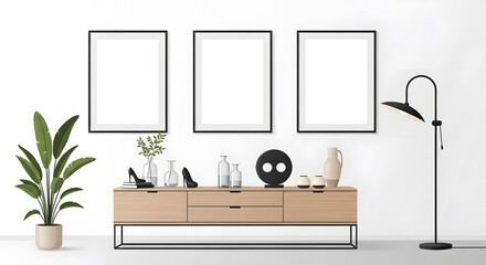 A modern living room interior with blank frames on the wall