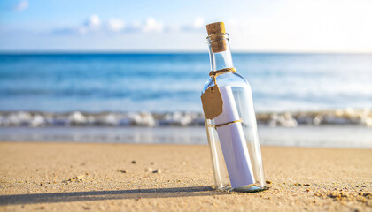 Sealed bottle with note inside on seashore with endless horizon, with space for text