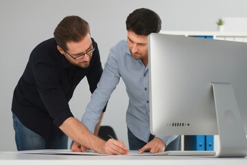 Collaborative Design: Two Professionals Reviewing Plans and Working Together in a Modern Office Space