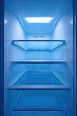Empty, light-blue refrigerator interior with three glass shelves, illuminated ceiling light, and smooth walls