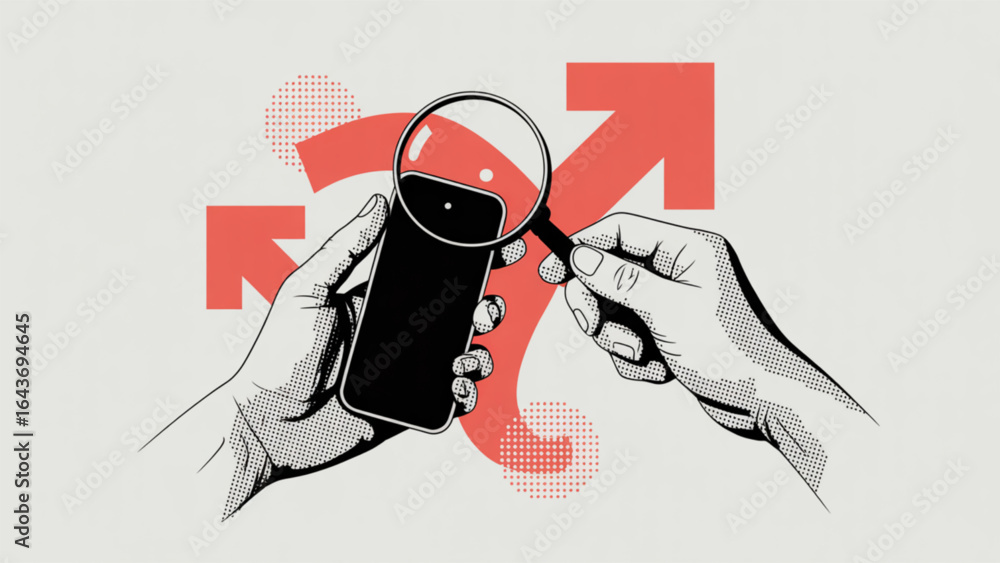 Poster magnifying glass examining smartphone with red arrow and question mark symbolizing search