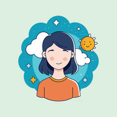 Illustration of a girl surrounded by clouds, stars, and a smiling sun