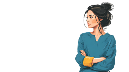 Illustration of a woman with dark hair in a bun wearing a blue shirt with arms crossed looking to the side