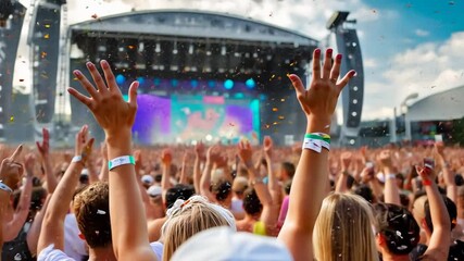 Energetic outdoor music festival with enthusiastic crowd celebrating under vibrant lights