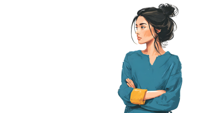 Illustration of a woman with dark hair in a bun wearing a blue shirt with arms crossed looking to the side - Powered by Adobe