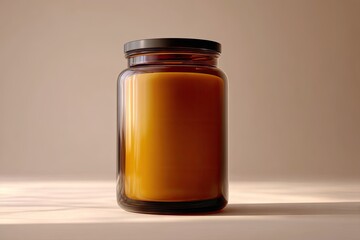 Amber glass jar with black lid, filled with a pale orange substance, sits on a light beige surface illuminated by soft, diffused light