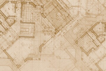 Architectural Blueprint Background with Detailed Floor Plans in Sepia Tones for Interior Design and Real Estate.
