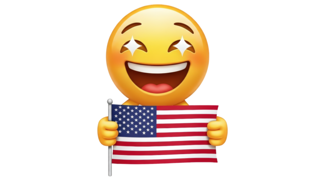 Excited Emoji Holding American Flag usa united states patriotism celebration joy happy pride freedom democracy stars and stripes national symbol