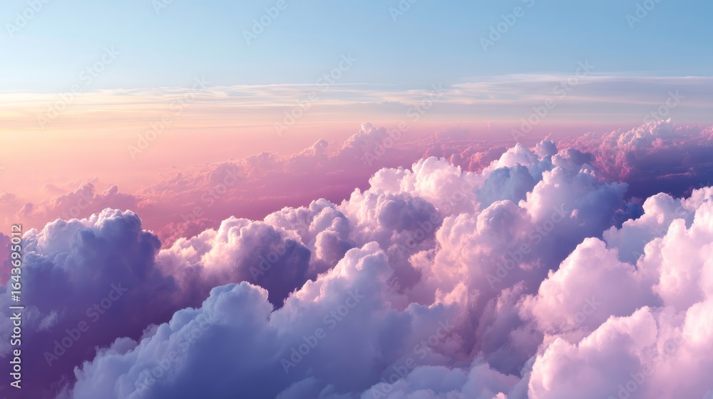 Poster elegant twilight sky with glowing peach and lavender cumulus clouds, wideangle view capturing soft t